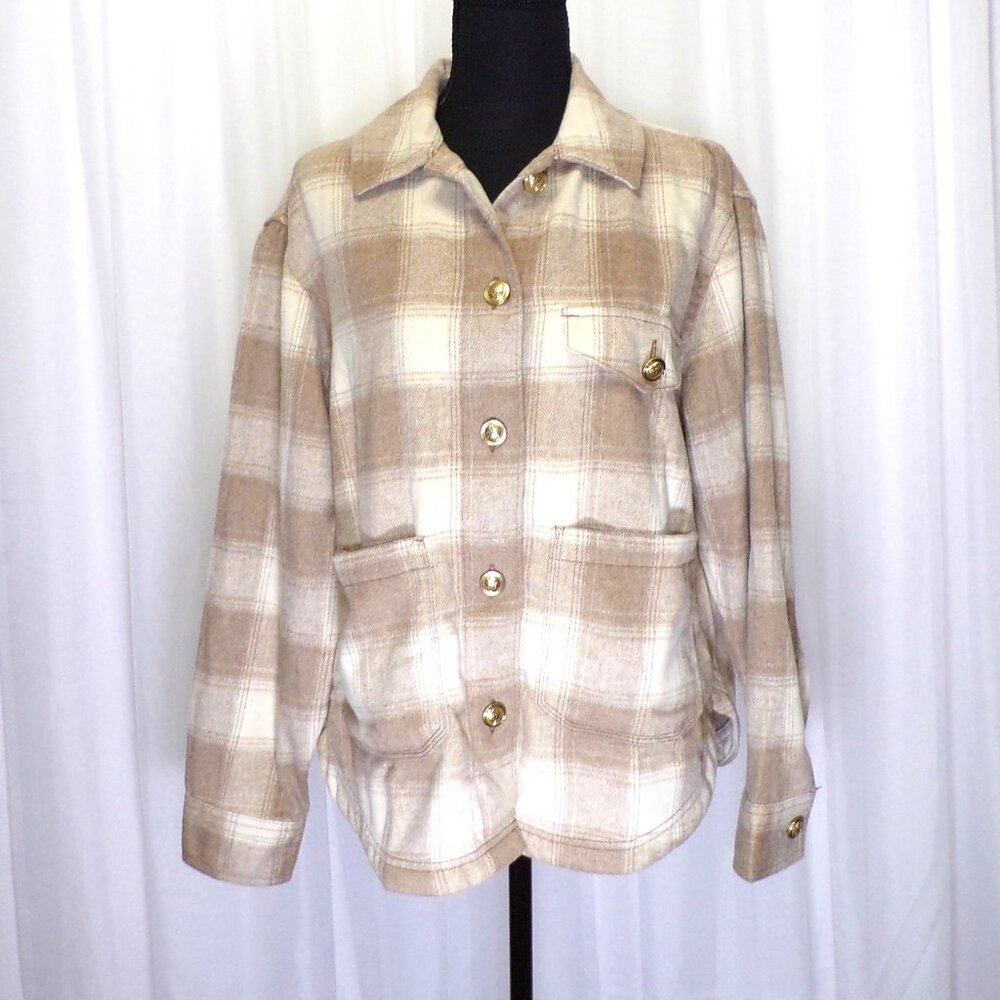 AEO American Eagle Fleece Plaid Shacket Womens SM Tan White Oversized Jacket NEW